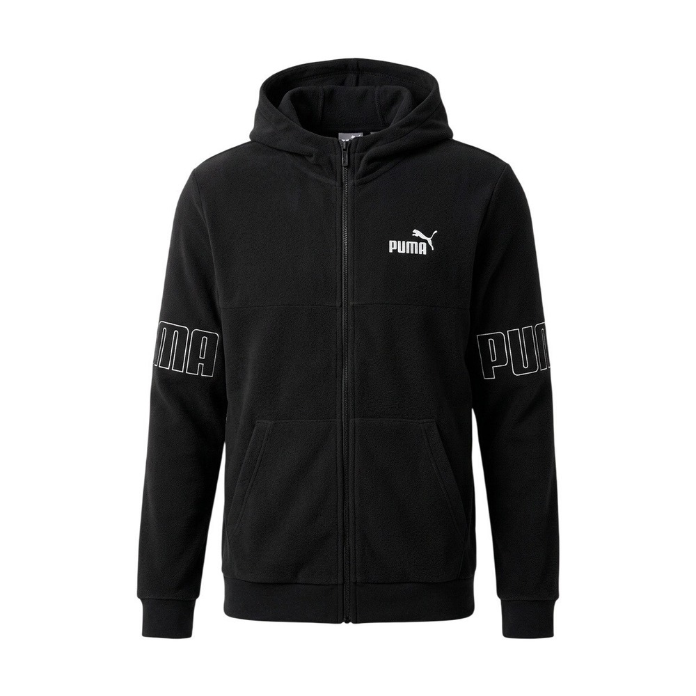 Puma Mens Power Fleece Full Zip Hoodie Black Logo Sleeve Small